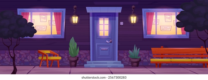 Night house front. Modern home entrance, porch doorstep cartoon scene contemporary facade suburban cottage yard exterior with door and window lights, swanky vector illustration original artwork