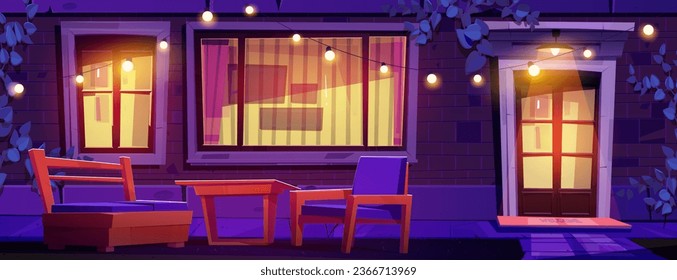 Night house porch and door with window cartoon vector background. Country home brick wall facade exterior with bench and armchair. Outside traditional suburban cottage yard design in evening