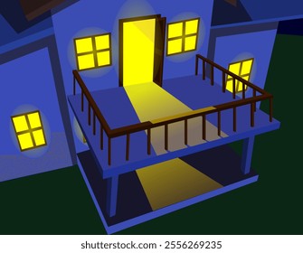Night House Terrace Background Vector, House Perspective view, room inside light rays coming out to the door, light glow, night home illustration