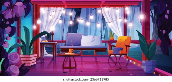 Night house with terrace furniture vector illustration. Country garden patio interior with table, armchair and pink flower near bench. Garland bulb glow on outdoor hotel balcony in summer evening