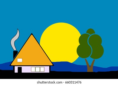 night house vector in the nature - tree forest and moon illustration