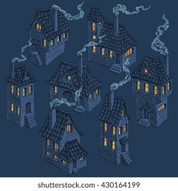 Night houses. Design set. Hand drawn engraving. Vector vintage illustration. Isolated on color background. 8 EPS