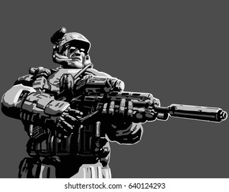 Night hunter with assault rifle. Vector illustration. Science fiction original character the soldier of the future.
