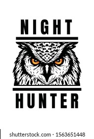 Night hunter, owl head T-shirt print design.