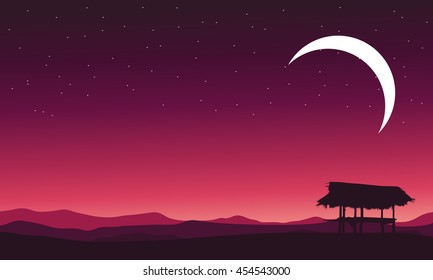 At night hut landscape and moon vector illustration