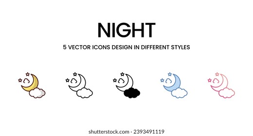 Diseño de iconos nocturnos en estilo Cinco con pulsación editable. Línea, Sólido, Línea plana, Color de tono Duo y Línea de degradado de color. Adecuado para diseño de páginas Web, aplicaciones móviles, UI, UX y GUI.