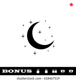 Night icon flat. Black pictogram on white background. Vector illustration symbol and bonus button open and closed lock, folder, star