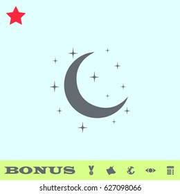 Night icon flat. Grey pictogram on blue background. Vector illustration symbol and bonus buttons medal, cow, earth, eye, calculator