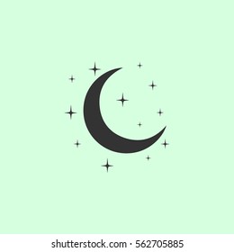 Night icon flat. Grey vector symbol on green background