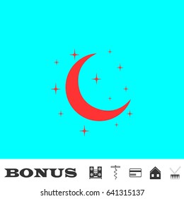 Night icon flat. Red pictogram on blue background. Vector illustration symbol and bonus buttons Music center, corkscrew, credit card, house, drum