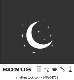 Night icon flat. White pictogram on black background. Vector illustration symbol and bonus icons
