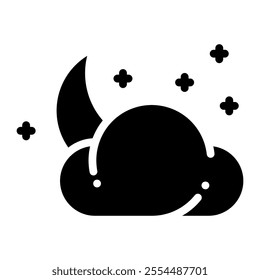 Night icon in glyph style. Crescent moon behind clouds icon in glyph style