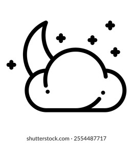 Night icon in line style. Crescent moon behind clouds icon in line style
