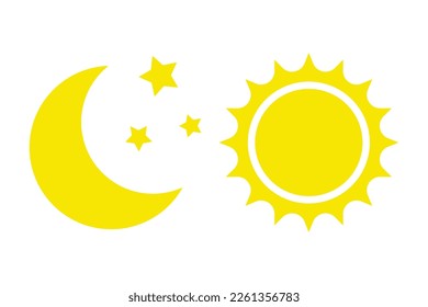 Icono nocturno de la luna con estrellas e icono solar, vector sobre fondo blanco.