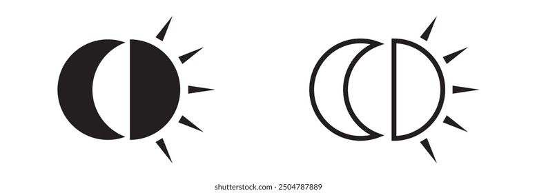 Icono de la noche del icono de la luna y del sol, Vector sobre fondo blanco.