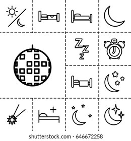 Night icon. set of 13 outline night icons such as bed, moon and stars, medical bed, crescent, sun and moon, falling star, clock alarm, zzz