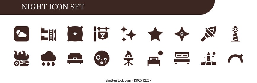  night icon set. 18 filled night icons.  Simple modern icons about  - Weather, Bunk bed, Pillow, Bar, Stars, Star, Torch, Lighthouse, Campfire, Rain, Single bed, Full moon, Bed