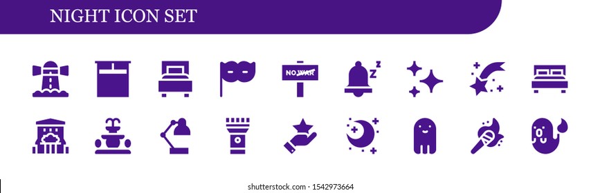 night icon set. 18 filled night icons.  Simple modern icons about  - Lighthouse, Double bed, Bed, Eye mask, War, Snooze, Stars, Shooting star, Bar, Fountain, Desk lamp, Torch