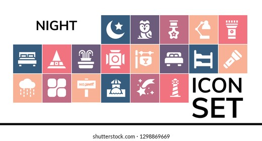  night icon set. 19 filled night icons. Simple modern icons about  - Night, Double bed, Rain, Mozy, War, Bar, Shooting star, Lighthouse, Witch, Fountain, Scenic Illumination, Bed