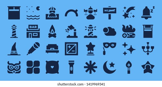 night icon set. 32 filled night icons. on blue background style Simple modern icons about  - Double bed, Lighthouse, Witch, Owl, Night, Pub, Karaoke, Mozy, Bar, Campfire, Single bed