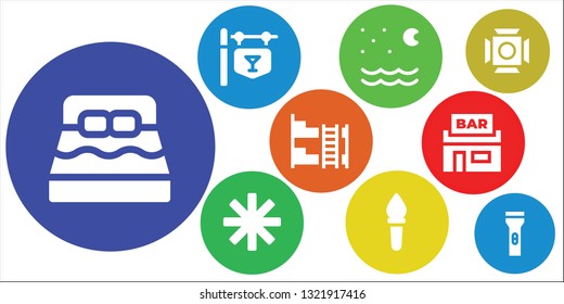 night icon set. 9 filled night icons.  Collection Of - Bed, Bar, Night, Star, Torch, Bunk bed, Pub, Scenic Illumination, Flashlight