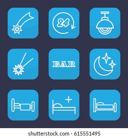 Night icon. set of 9 outline night icons such as Bar, bed, medical bed, moon and stars, street lamp, 24 hours