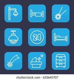 Night icon. set of 9 outline night icons such as bed, nightstand, street lamp, 24 hours, falling star