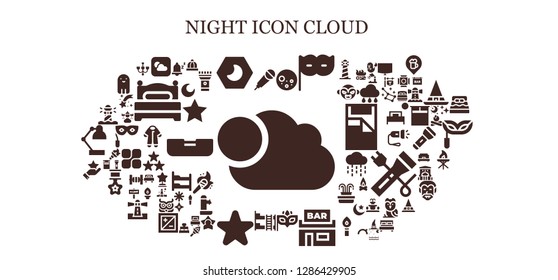  night icon set. 93 filled night icons. Simple modern icons about  - Cloudy, Karaoke, Weather, Night, Full moon, Eye mask, Pub, Bunk bed, Star, Lighthouse, Snooze, Baby hat, Chandelier