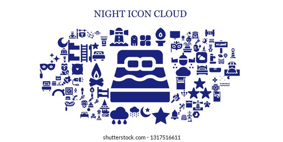 night icon set. 93 filled night icons.  Collection Of - Bed, Ghost, Bar, Lighthouse, Mozy, Torch, Night, Star, Rain, Stars, Constellation, Vampire, Fountain, Bunk bed, Campfire
