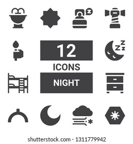 night icon set. Collection of 12 filled night icons included Day, Blizzard, Night, Noon, stand, Bunk bed, Sleep, mode, Lighthouse, Torch, Fountain