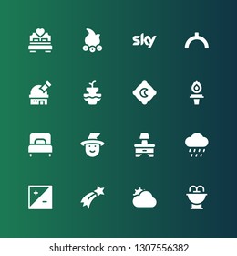 night icon set. Collection of 16 filled night icons included Fountain, Cloudy, Shooting star, Exposure, Rain, Bedside table, Witch, Single bed, Torch, Pillow, Observatory, Noon