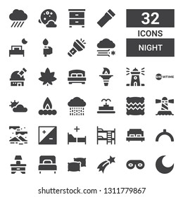 night icon set. Collection of 32 filled night icons included Night, Eye mask, Shooting star, Pillows, Single bed, Bedside table, Noon, Double bed, Bunk bed, Exposure, Aurora