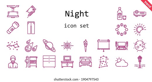 night icon set. line icon style. night related icons such as bed, saturn, tv table, moon phases, street lamp, trousers, torch, lamp, big bang, eclipse, cloudy, moon, vodka, constellation, projector