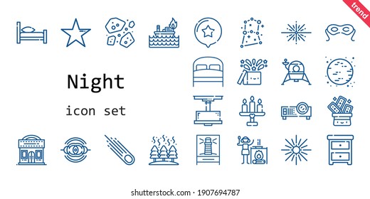 night icon set. line icon style. night related icons such as nightstand, bed, magic, eye mask, lighthouse, star, asteroids, lamp, trick, nebula, big bang, lander, asteroid, moon, constellation