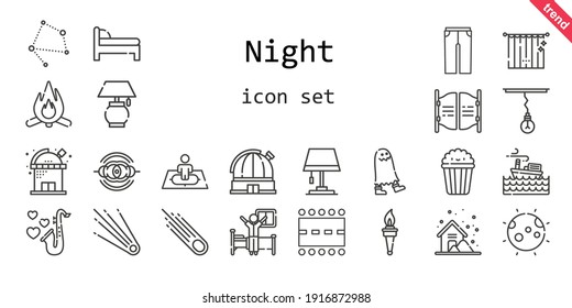 night icon set. line icon style. night related icons such as bed, storm, popcorn, curtains, trousers, saxophone, runway, lamp, wake up, torch, nebula, asteroid, observatory, moon, bar, ghost