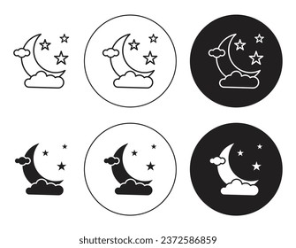 Night icon set. nighttime sleep moon vector symbol in black filled and outlined style.
