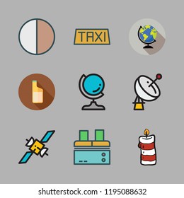 night icon set. vector set about earth globe, van, satellite dish and factory icons set.