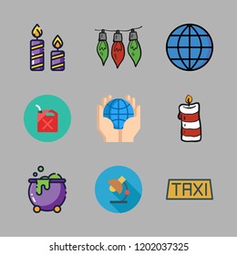 night icon set. vector set about cauldron, taxi, light and desk lamp icons set.