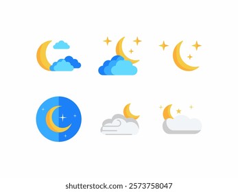 
night icon with Six crescent moons, stars, and clouds in a nighttime scene. Suitable for sky, weather and night themed designs and concepts.