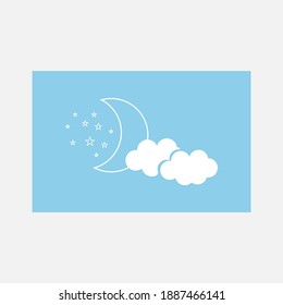 Night icon vector illustration on white background. Month in the clouds sign. Light sign board. Shiny moon, stars and cloud in style vector illustration. Vector Simple modern icon design illustration.