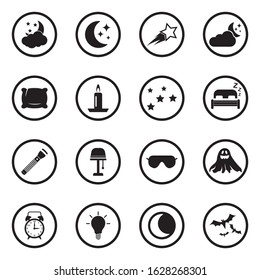 Night Icons. Black Flat Design In Circle. Vector Illustration.