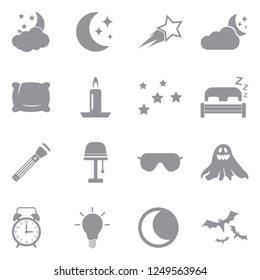 Night Icons. Gray Flat Design. Vector Illustration. 