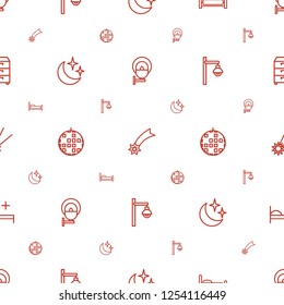 night icons pattern seamless white background. Included editable outline street lamp, falling star, bed, moon and stars, disco ball, medical bed icons. night icons for web and mobile.