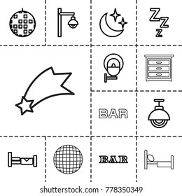 Night icons. set of 13 editable outline night icons such as bed, bar, disco ball, zzz, moon and stars, street lamp, nightstand