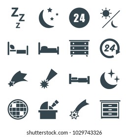 Night icons. set of 16 editable filled night icons such as bed, nightstand, falling star, zzz, moon and stars, sun and moon, 24 hours, disco ball