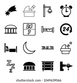 Night icons. set of 16 editable filled and outline night icons such as jetway, observatory, nightstand, 24 hours, bed, bar, zzz, crescent, street lamp, 24 7 hour, clock alarm