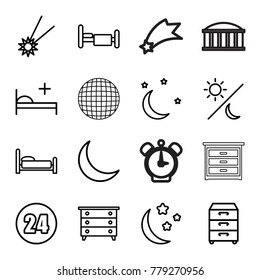 Night icons. set of 16 editable outline night icons such as nightstand, falling star, bed, moon and stars, medical bed, crescent, sun and moon, 24 hours, observatory