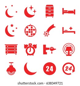 Night icons set. set of 16 night filled icons such as bed, jetway, nightstand, moon and stars, medical bed, crescent, street lamp, table lamp, 24 hours, falling star