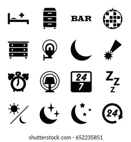 Night icons set. set of 16 night filled icons such as nightstand, bar, moon and stars, medical bed, crescent, street lamp, table lamp, sun and moon, 24 hours, 24 7 hour