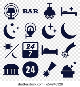 Night icons set. set of 16 night filled icons such as observatory, bar, moon and stars, medical bed, crescent, street lamp, table lamp, sun and moon, 24 hours, 24 7 hour